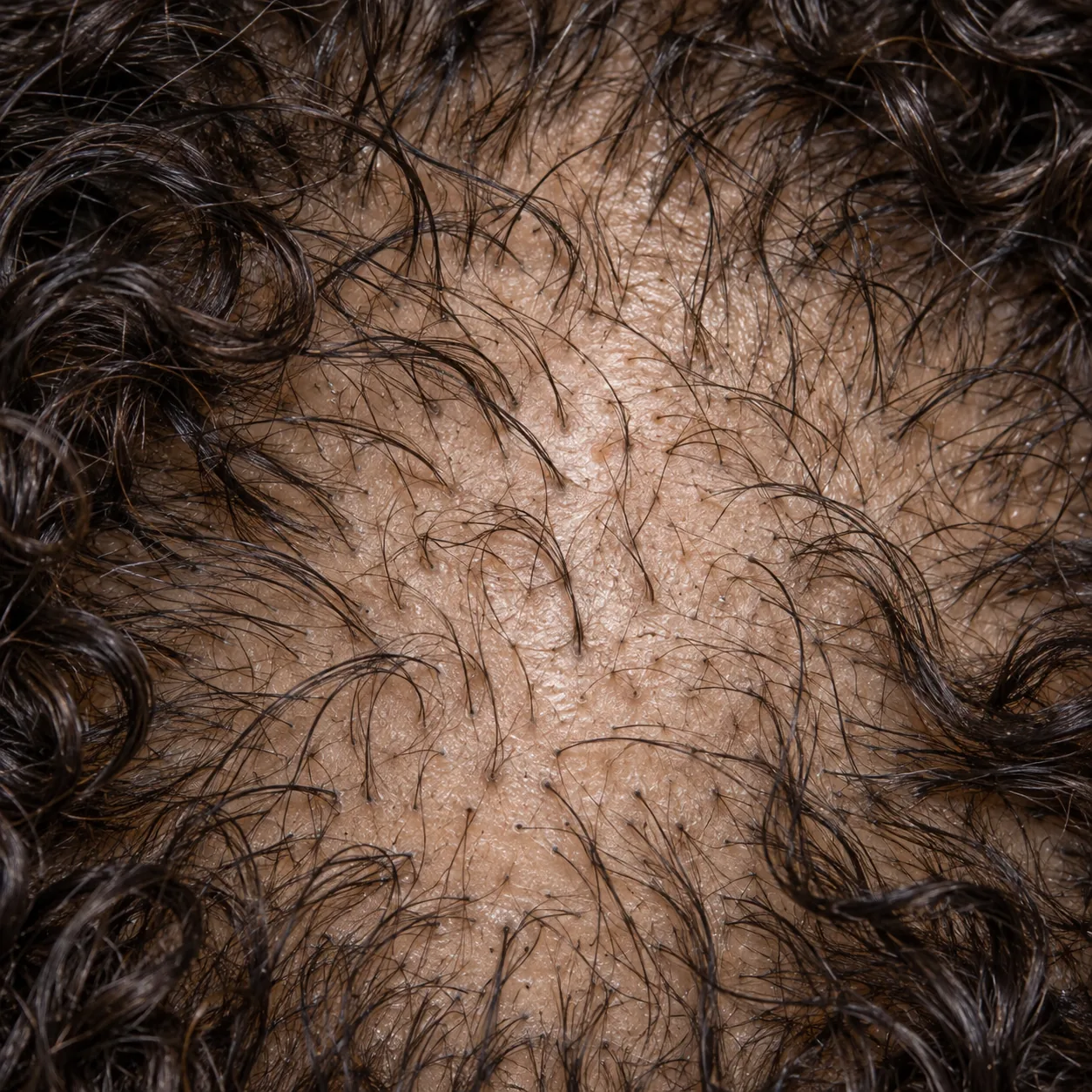 200x scalp view of medication related telogen effluvium with shortened narrower hair shafts across intact follicle openings