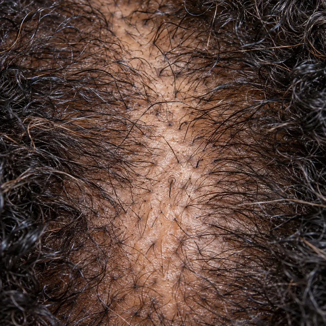 200x close-up of the scalp during postpartum shedding, with many short regrowing hairs among the openings