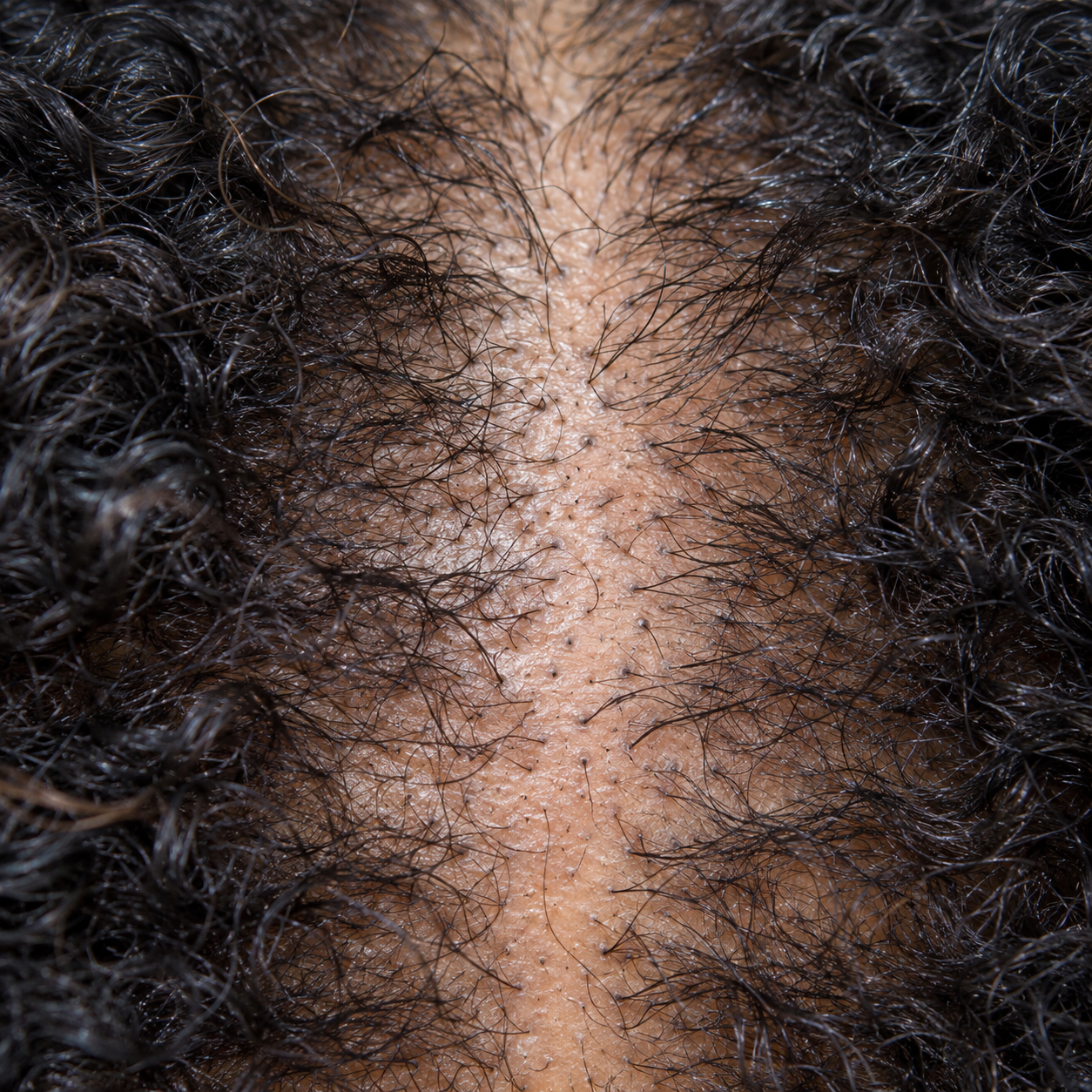 200x view of the scalp along a widened part line, with empty openings, newly released hairs and short regrowing hairs replacing them