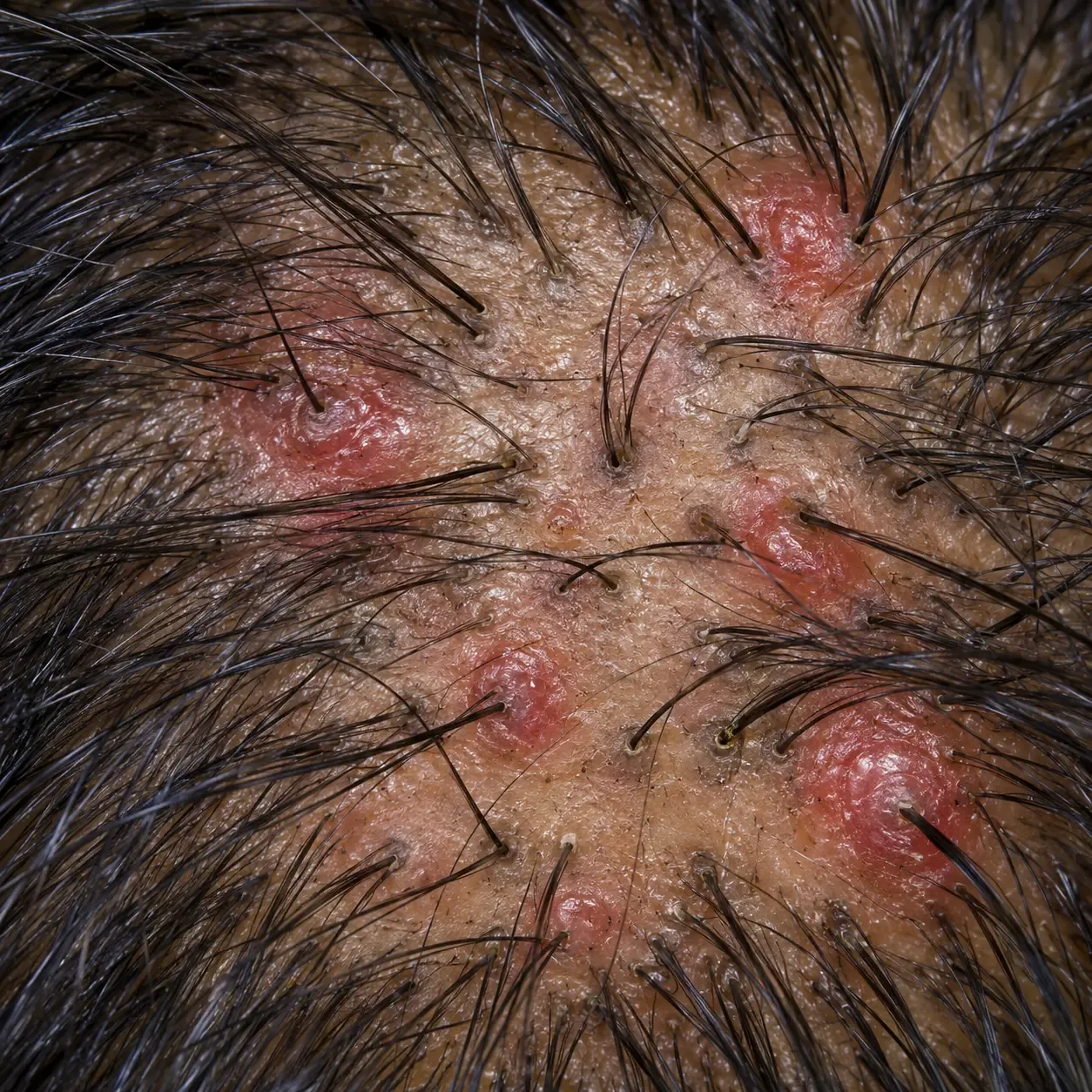 Several inflamed red scalp bumps at 200x with every follicle opening still visible and holding hair