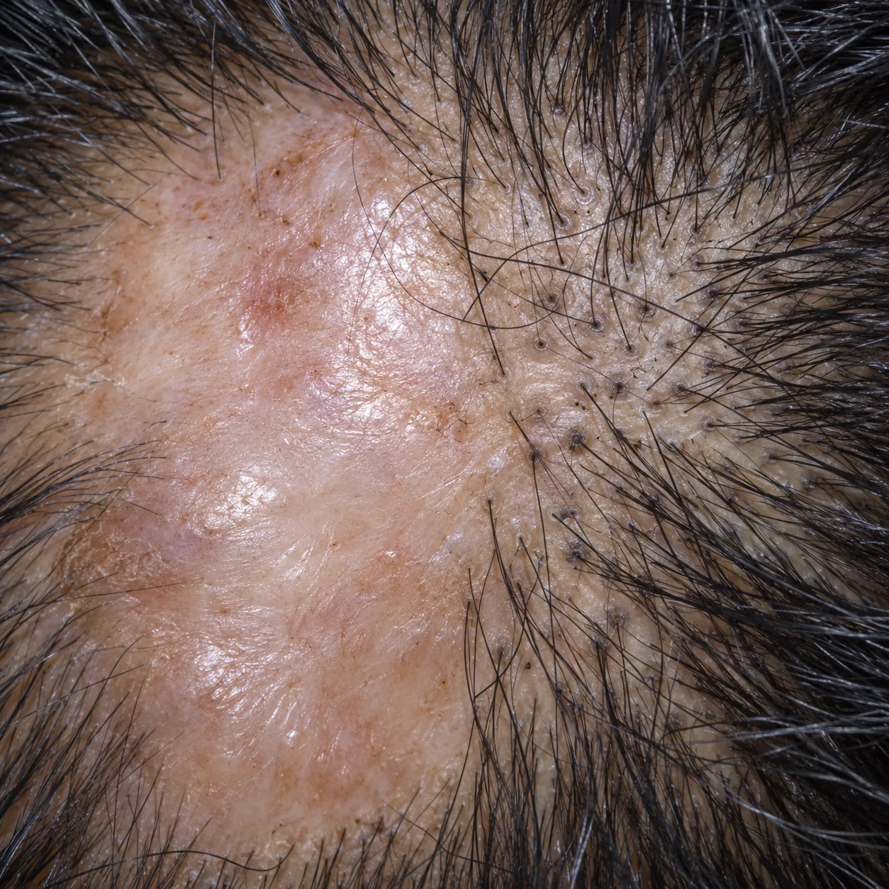 Smooth shiny scalp patch with no follicle openings at 200x beside normal openings holding hair