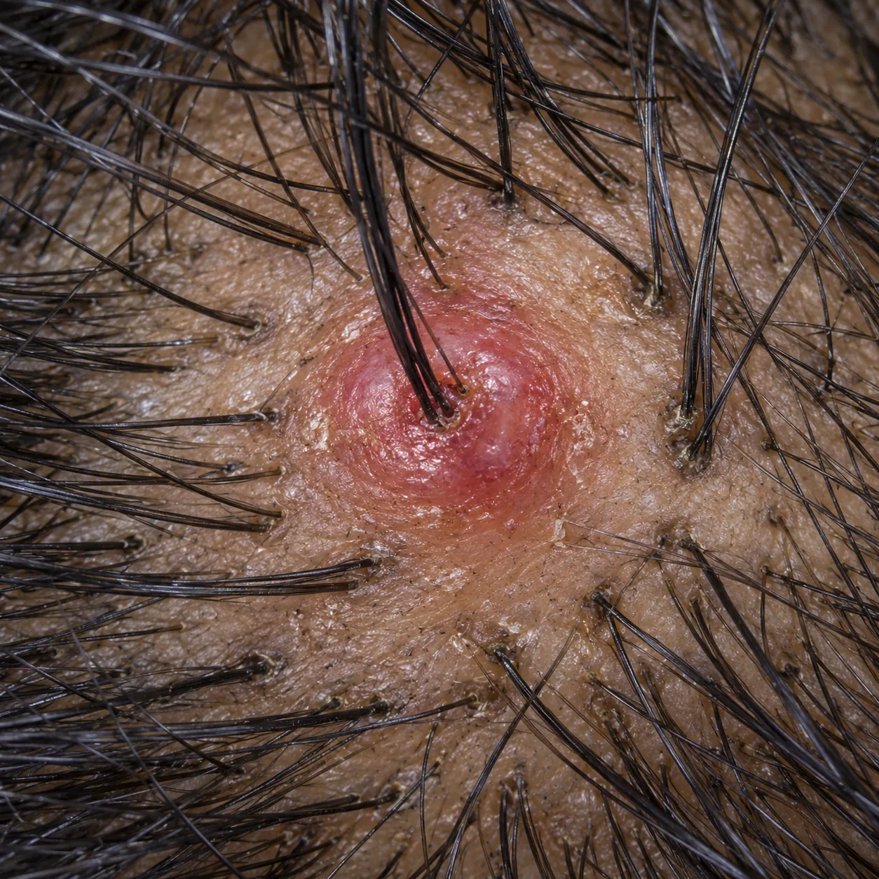 200x close-up of the scalp showing a raised red bump with hairs still coming out of the follicle opening at its center