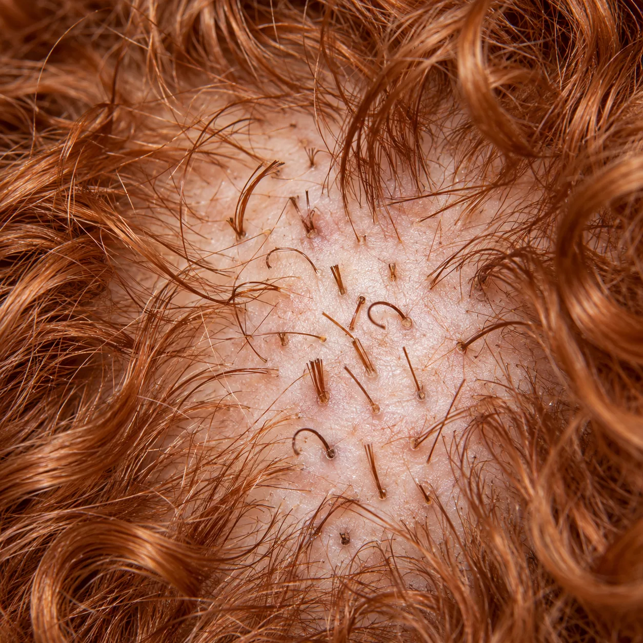 200x scalp view of hairs broken at varied lengths with follicular openings still present during a trichotillomania evaluation