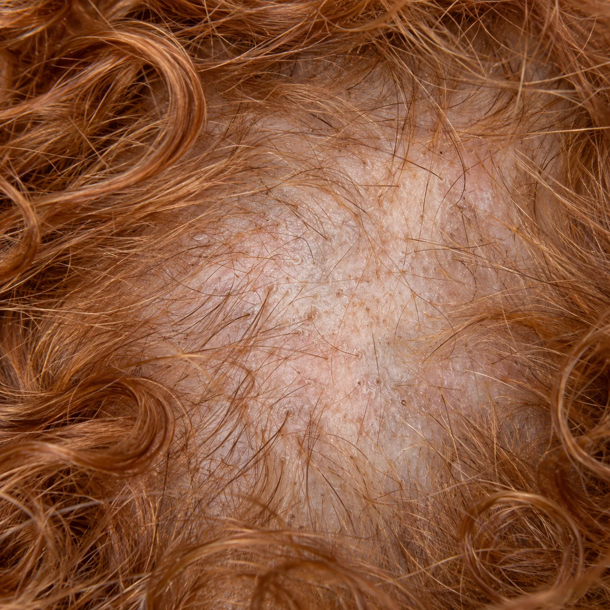 200x scalp view showing fewer follicular openings and thinner sparser hair where pulling has been long-standing
