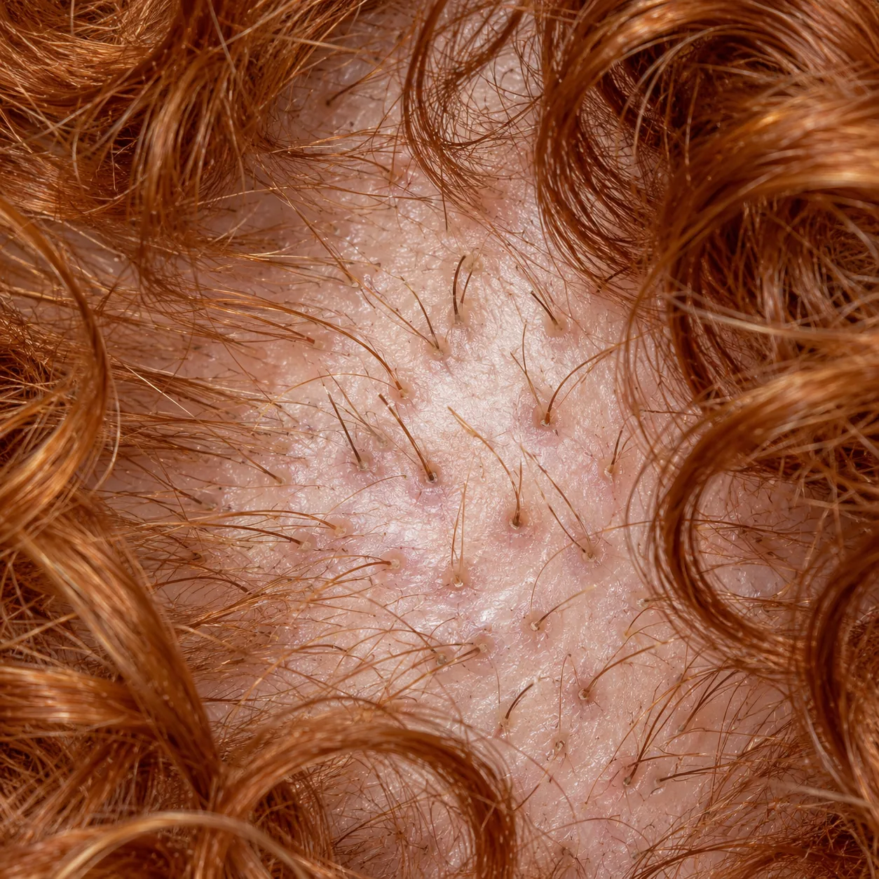 200x scalp view showing open follicular openings with new hairs emerging, roots still alive and growing back during trichotillomania recovery
