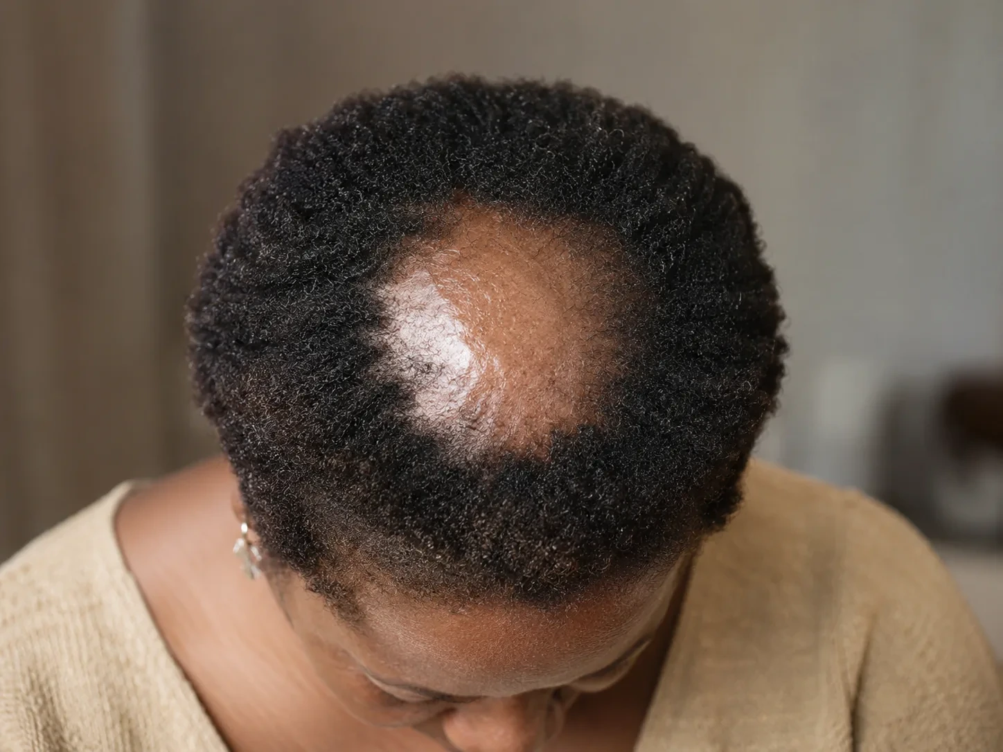 Close-up of short snapped breakage hairs at the crown