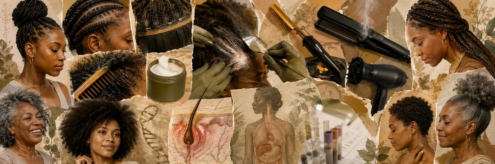 A collage of Black hair textures, styles, grooming tools and scalp anatomy