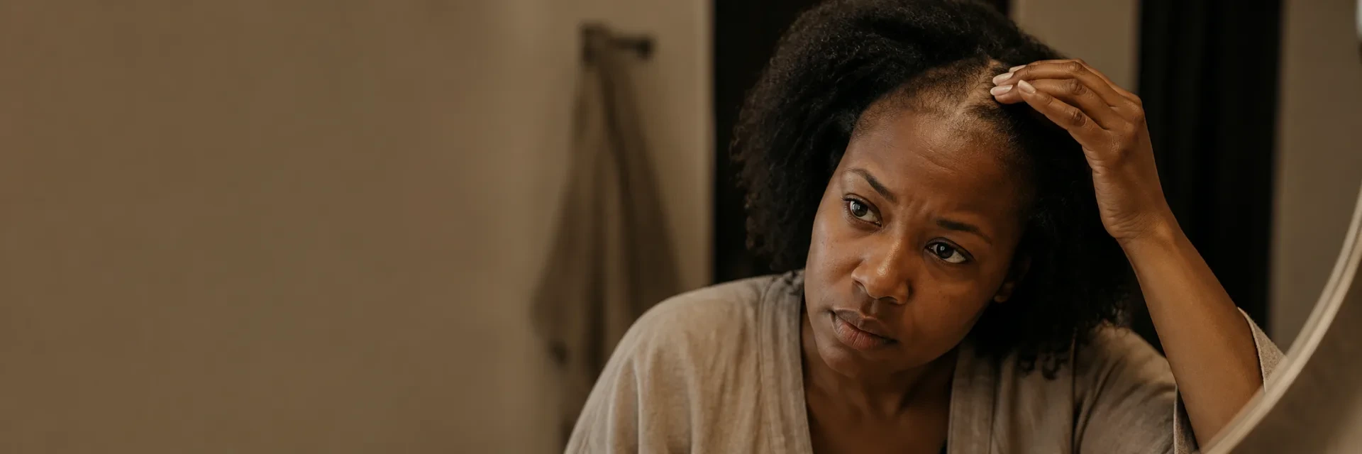 A Black woman parting her hair in a mirror to check a thinning area at her crown