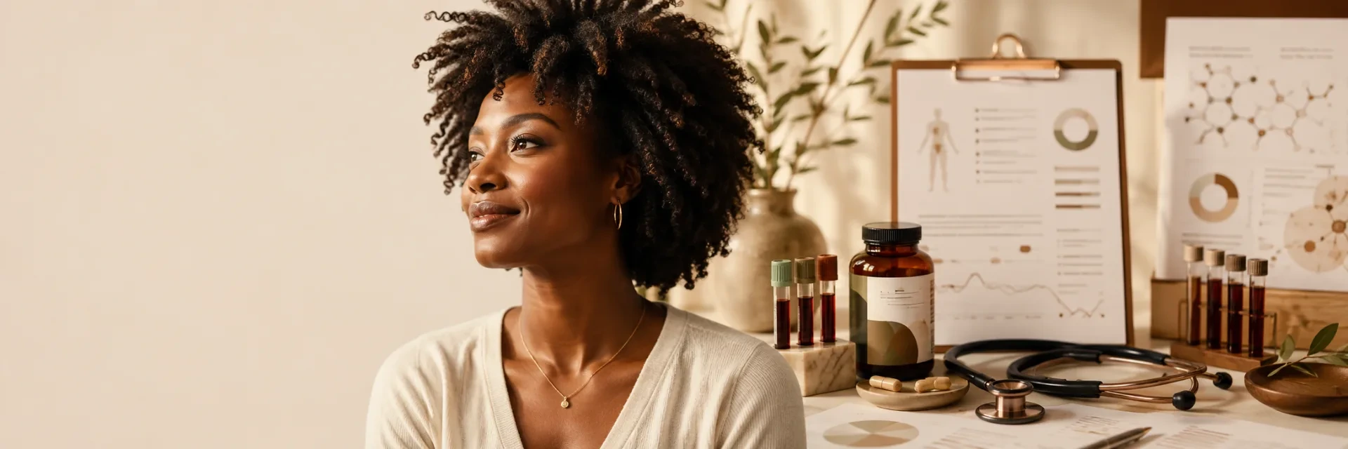 A Black woman with an afro beside wellness vials, a stethoscope and health charts
