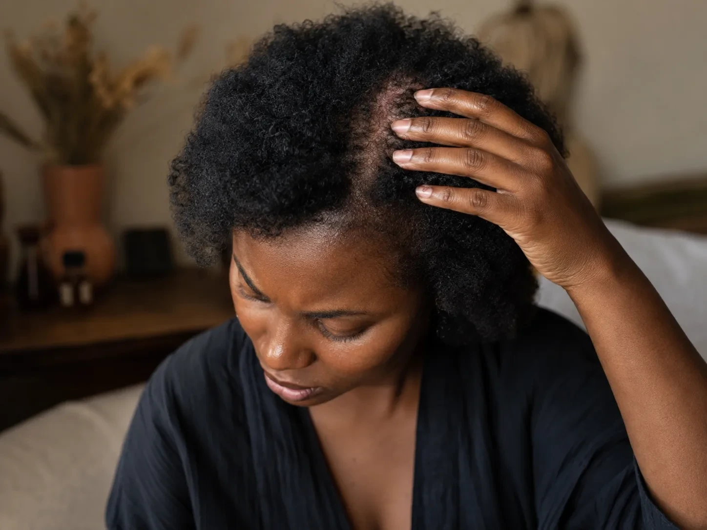 Black woman parting her hair at the crown to check for tenderness
