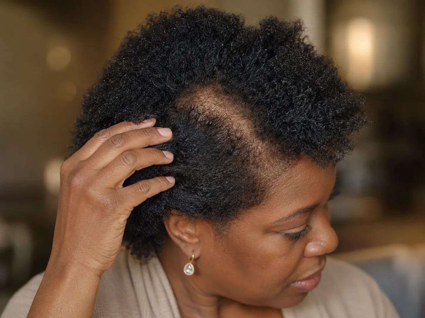 Black woman parting her hair to reveal a thinning patch on the scalp