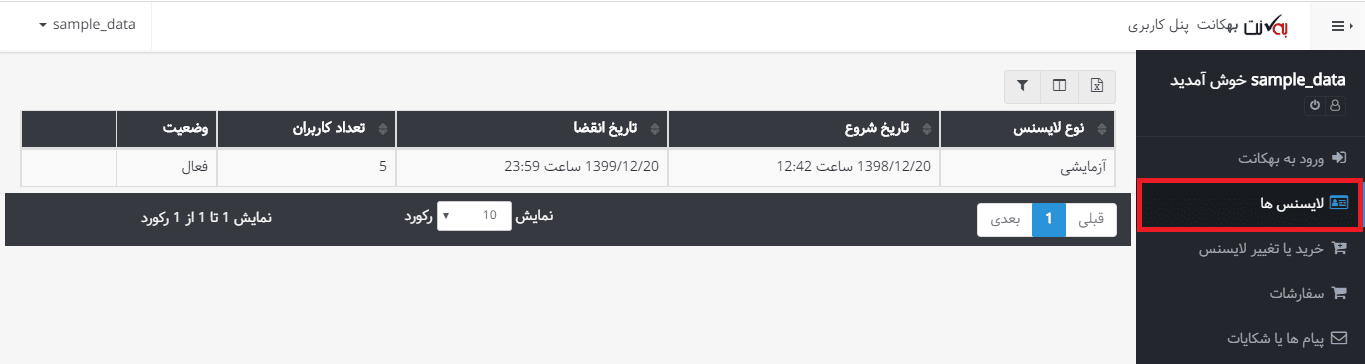 لایسنسهای در پنل کاربری حسابداری ابری