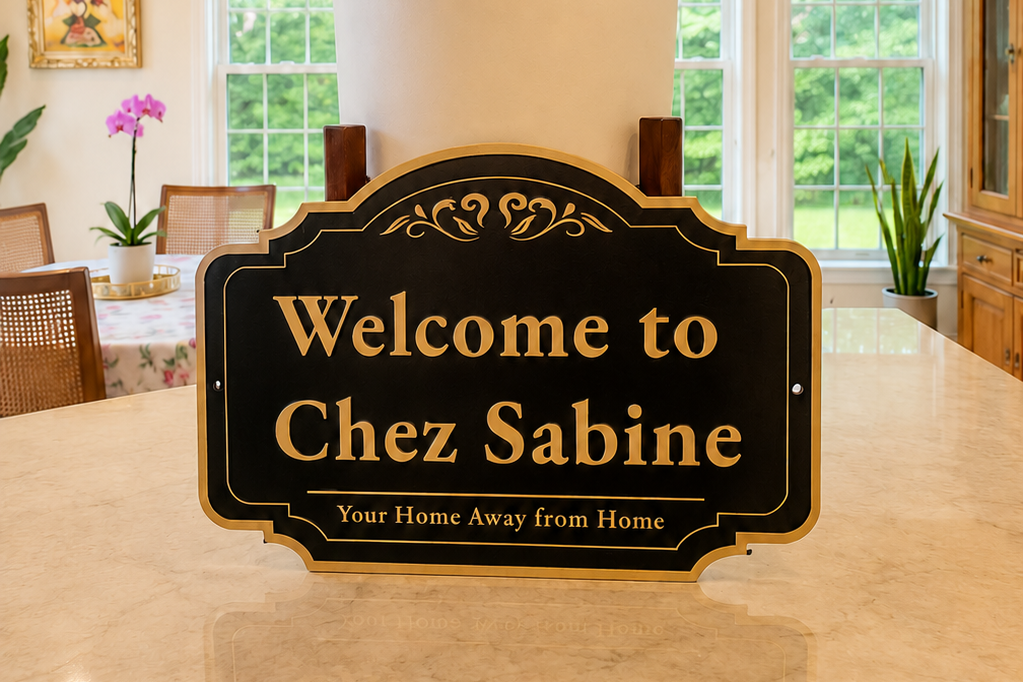 Welcome to Chez Sabine sign in the dining room of the Virginia retreat estate