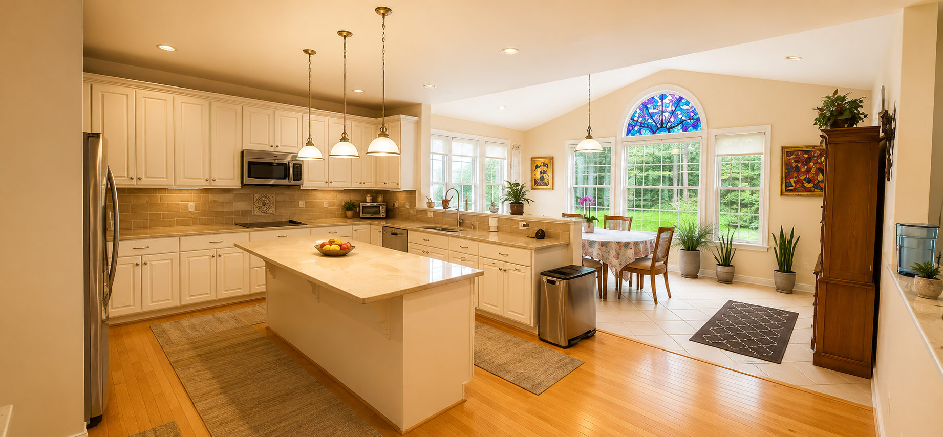 Open kitchen with a large island and hardwood floors at the retreat house