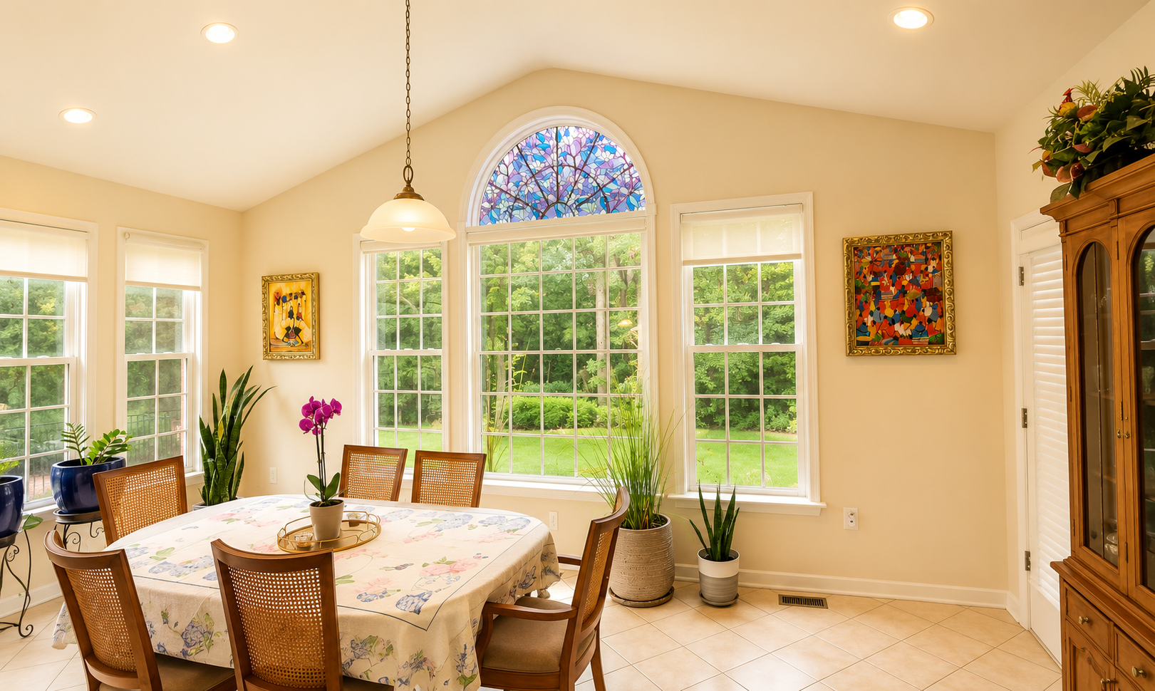 Breakfast room with an arched stained glass window overlooking the garden