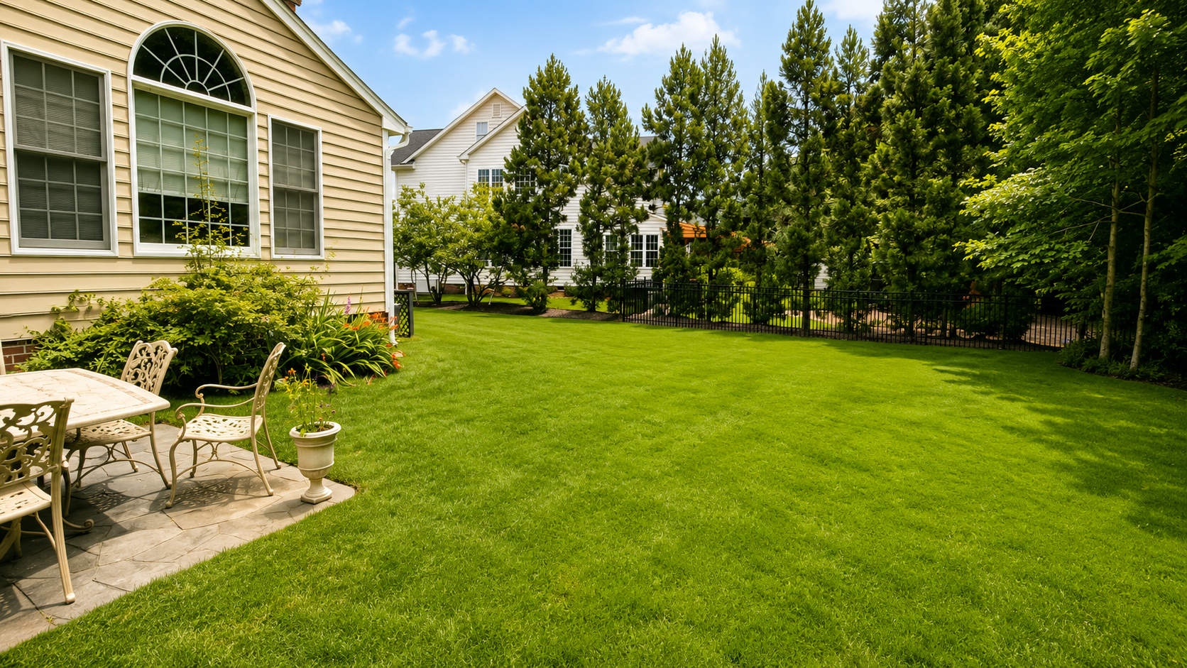 Back lawn with patio seating and mature trees at the Virginia retreat estate