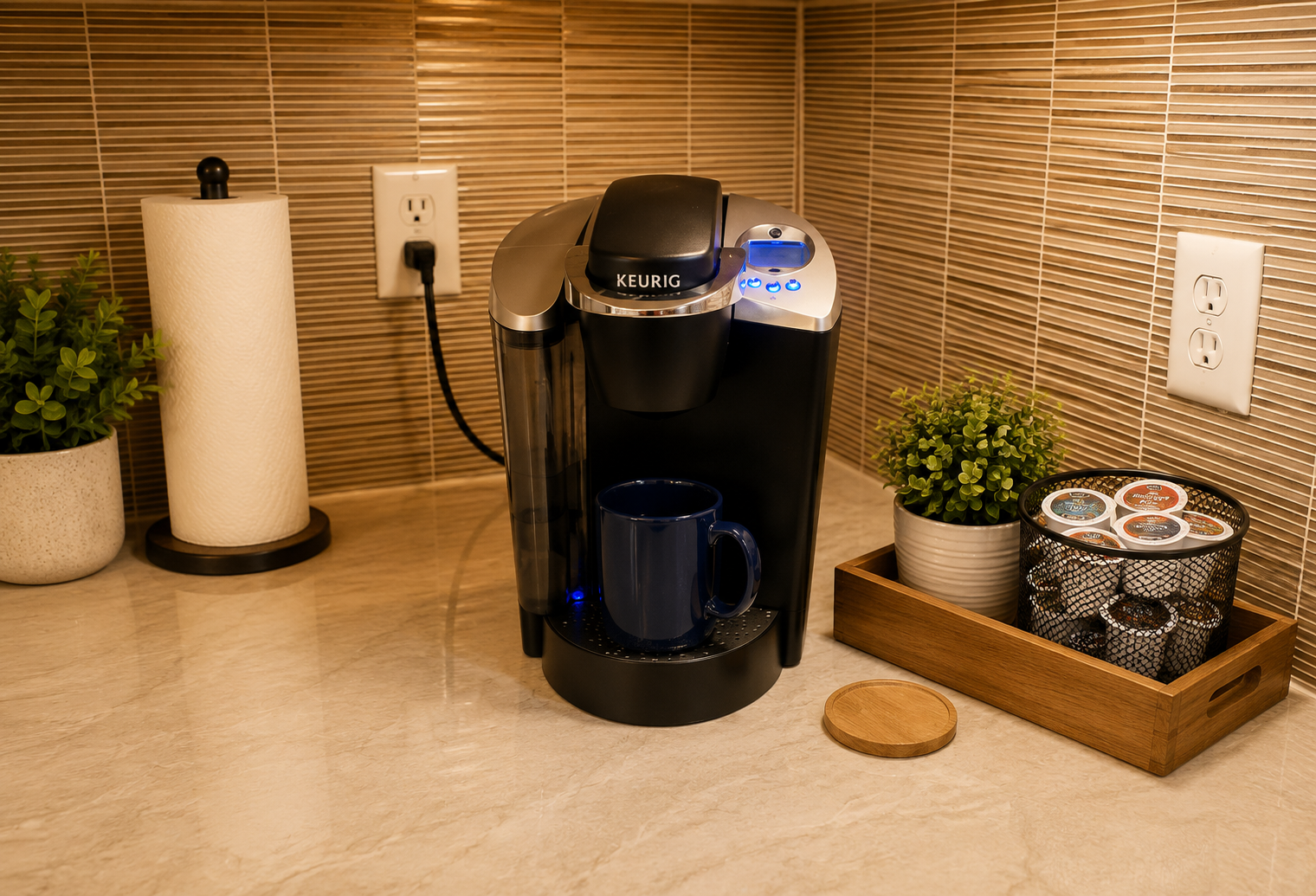 Coffee station with mugs and fresh pods at the retreat estate
