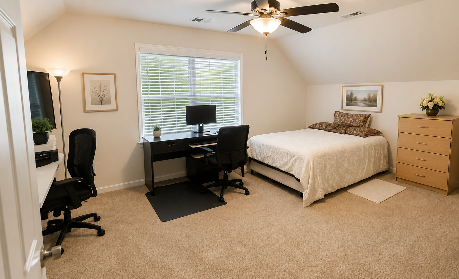 Upstairs guest bedroom with fresh flowers and a writing table at the retreat estate