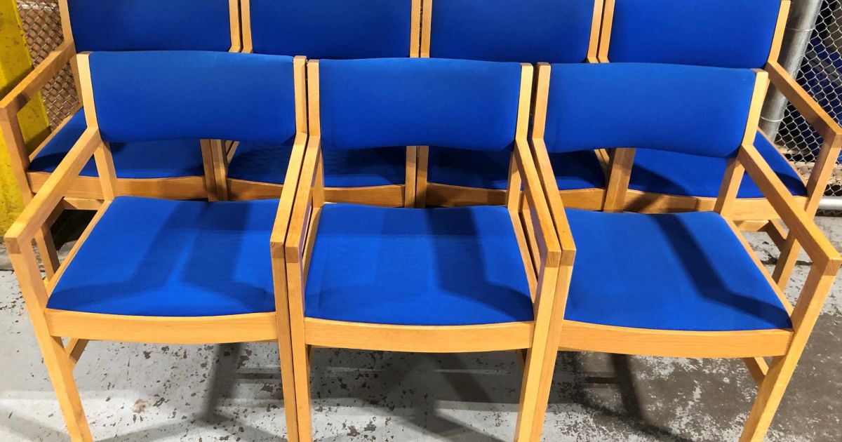 7 Blue Cloth Covered Wooden Chairs (with arms) BidCorp Auctions