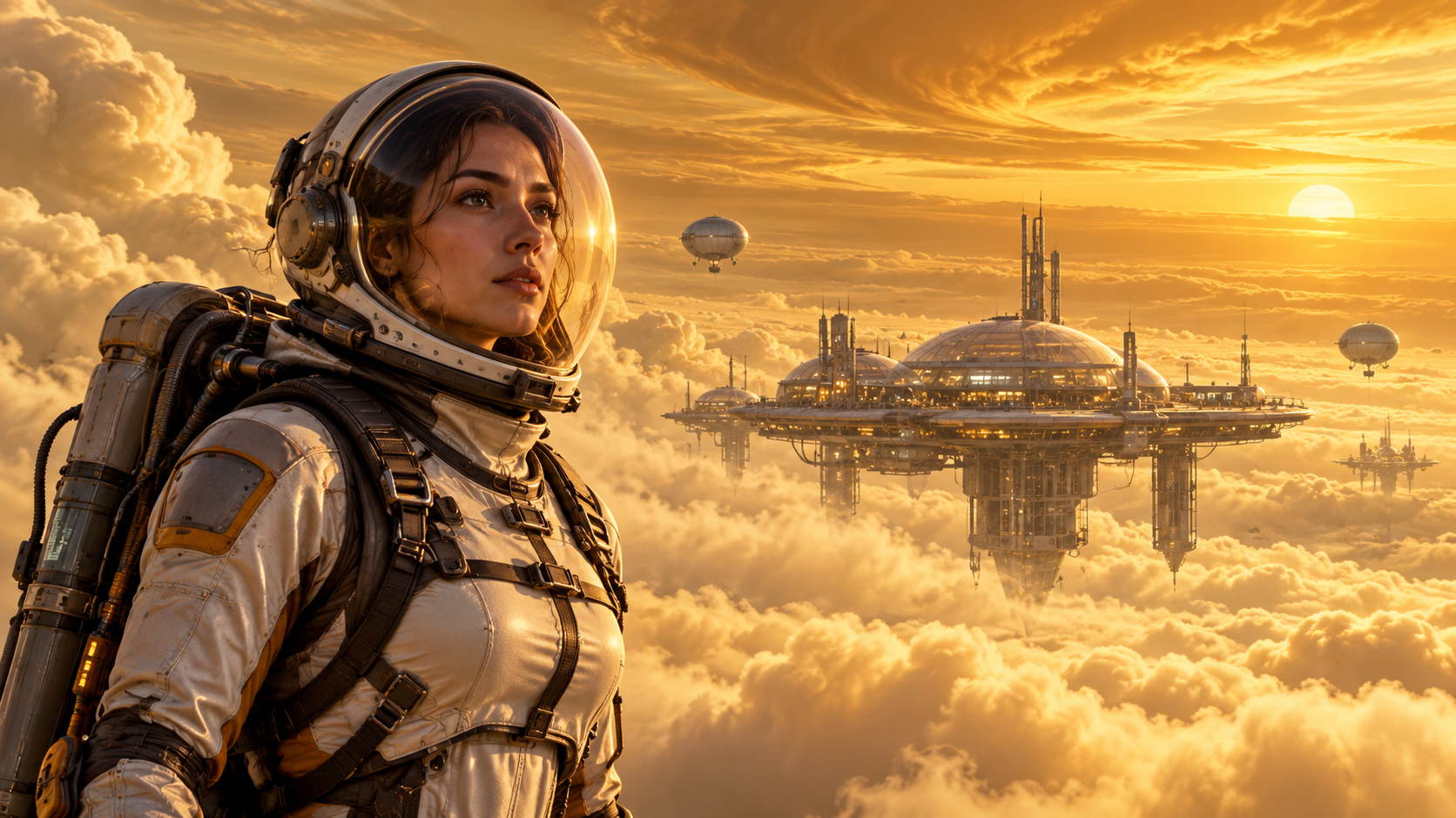 A human explorer in a protective pressure suit overlooking a floating habitat above the golden clouds of Venus.