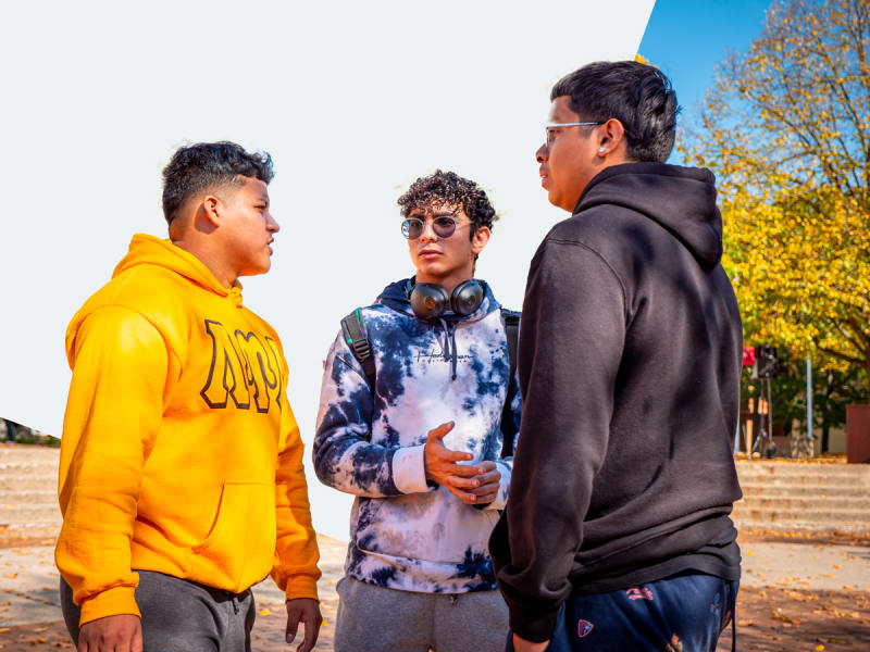 Three male students on campus