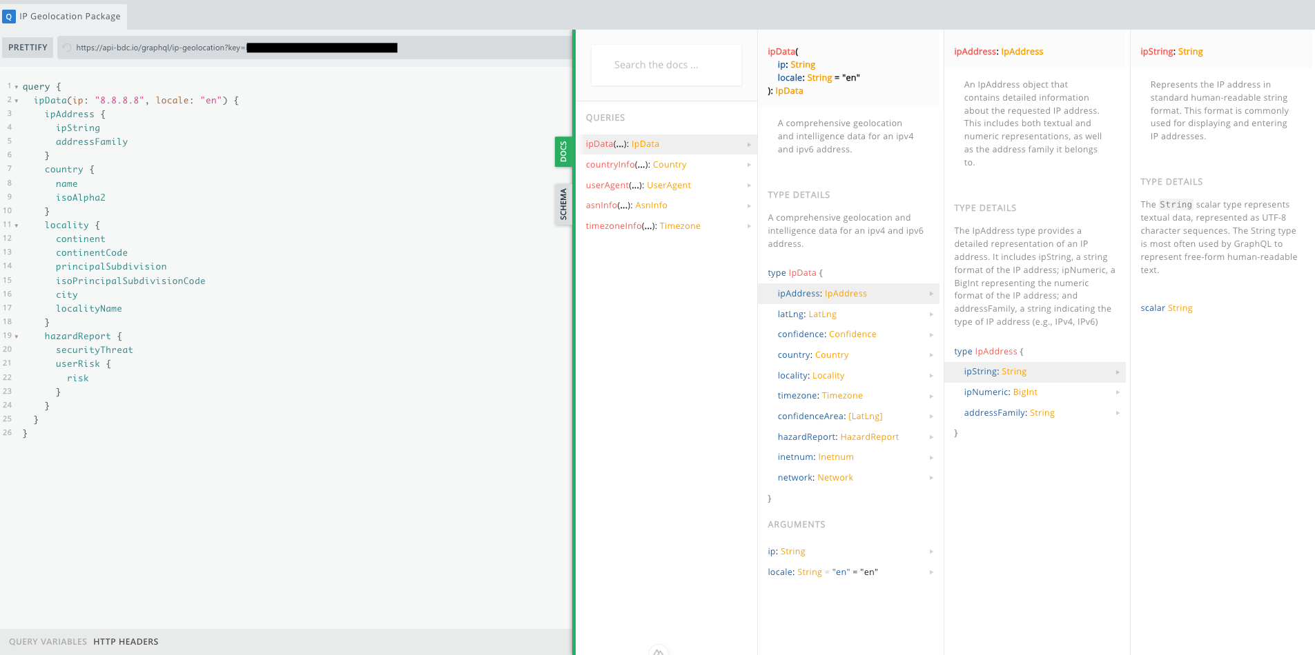 Screenshot of GraphQL playground showing the GraphQL schema documentation sidebar.