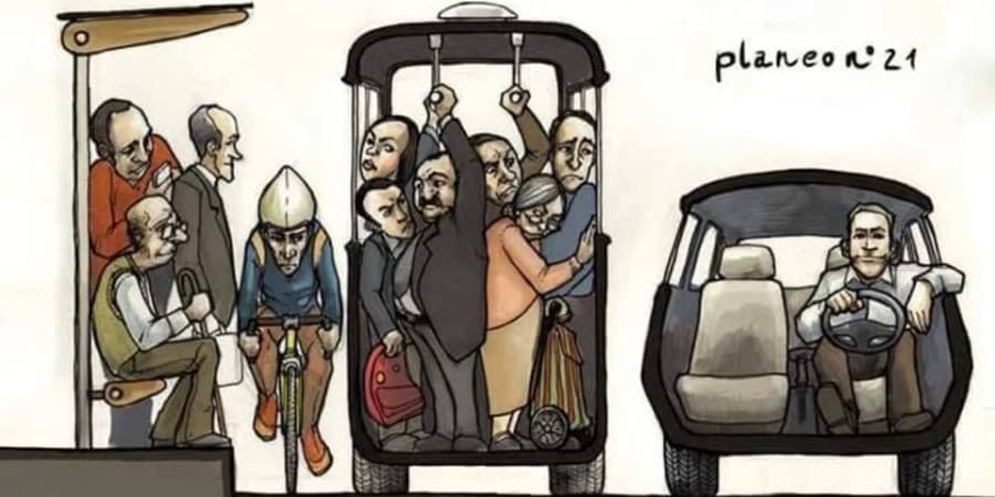 A comic depicting the bike riders and transit users crammed next to a car driver with comfortable space.