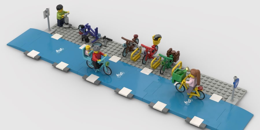 A photo of Lego bicycle lanes.