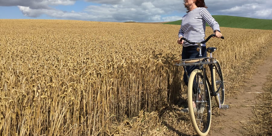 A photo of a woman on a bicycle overlooking a field.