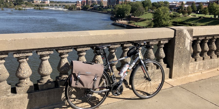 A photograph of my bicycle on a bridge over the Chattahoochee river.