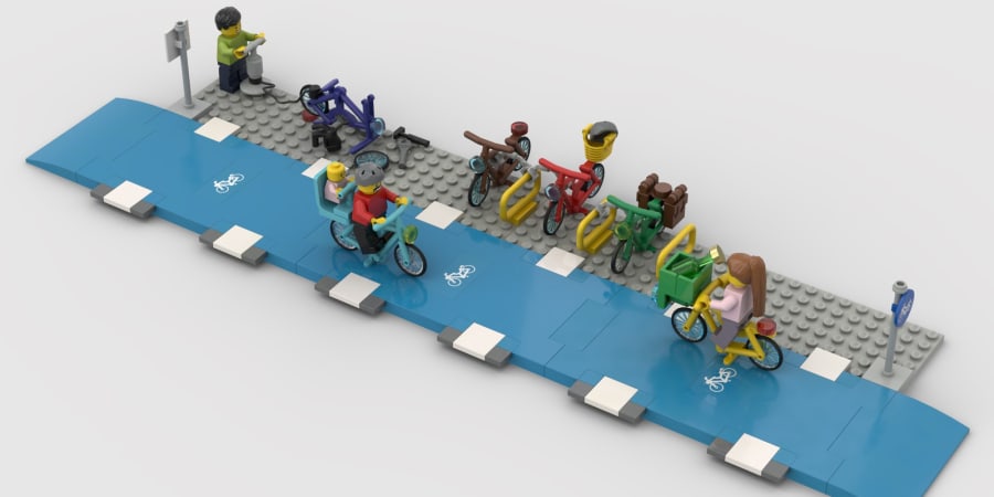 A photo of Lego bicycle lanes.