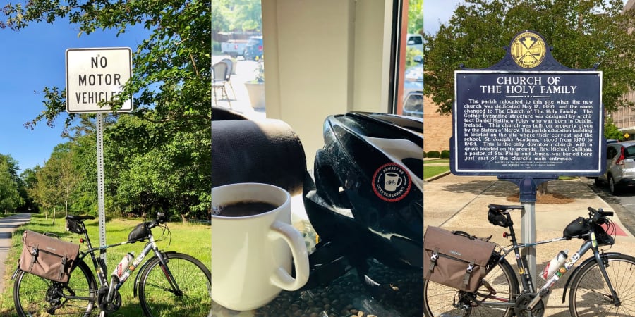 A photo collage of my bicycle in several locations.