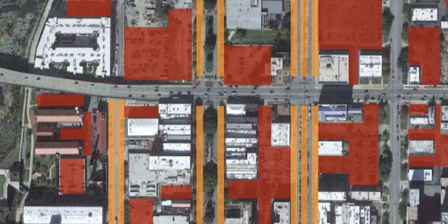 A satellite map showing parking lots.