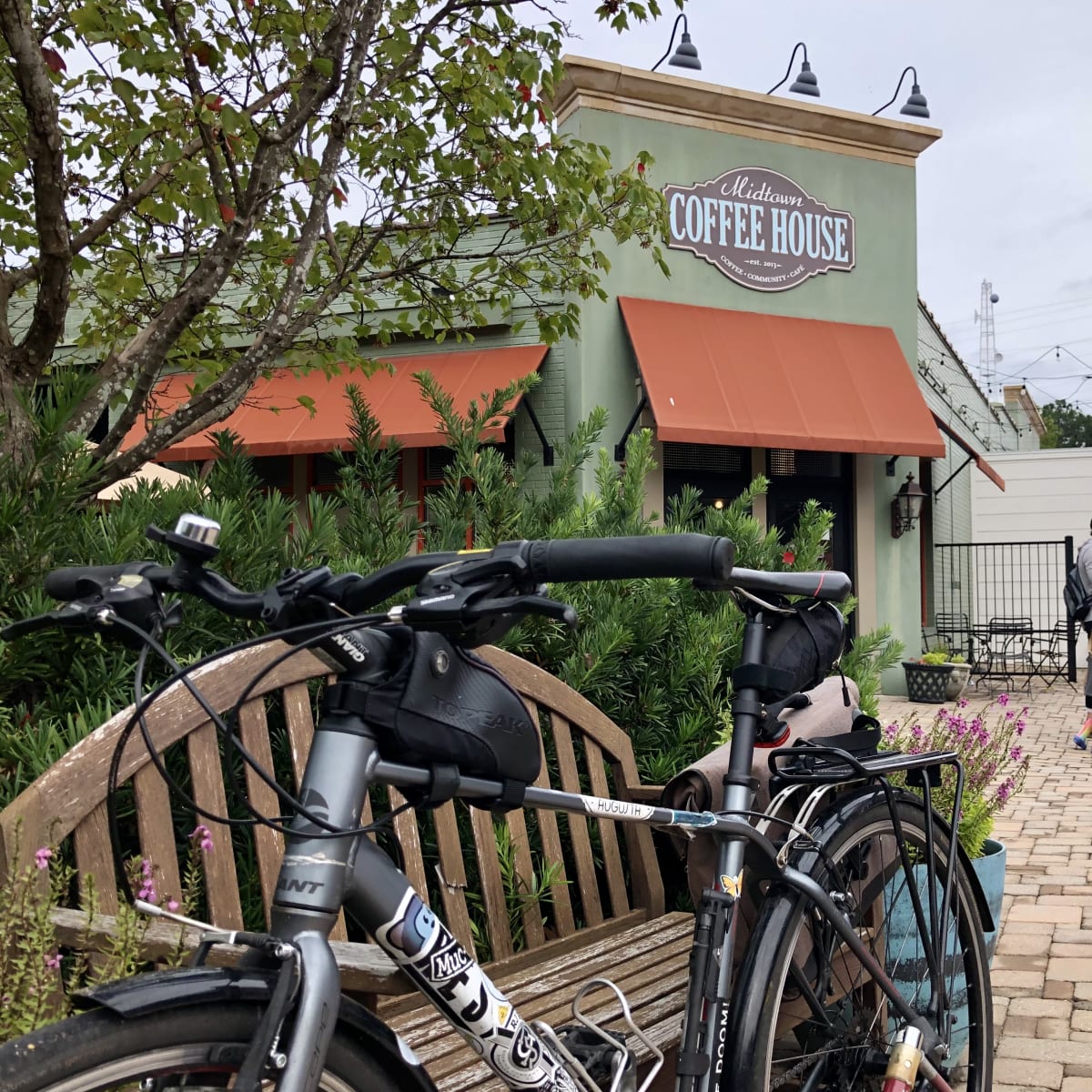 A photo of my bicycle in front of Midtown Coffee House.