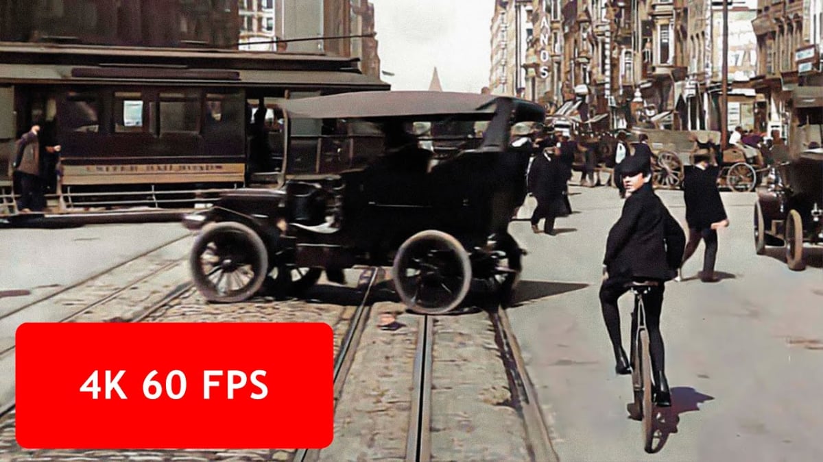 Watch video: “4k, 60 fps San Francisco, a Trip down Market Street, April 14, 1906” 