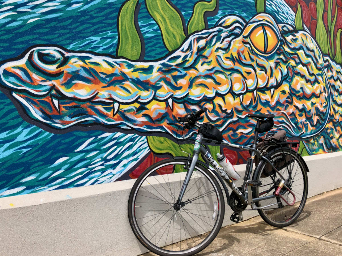 A photo of a bicycle in front of a mural with a crocodile painting.