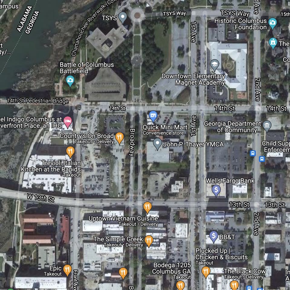 A satellite map of the Columbus, GA downtown.