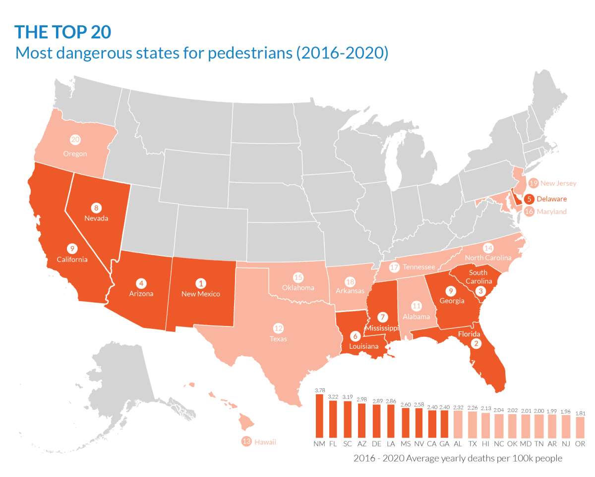 A map showing the top 20 most dangerous U.S. states.