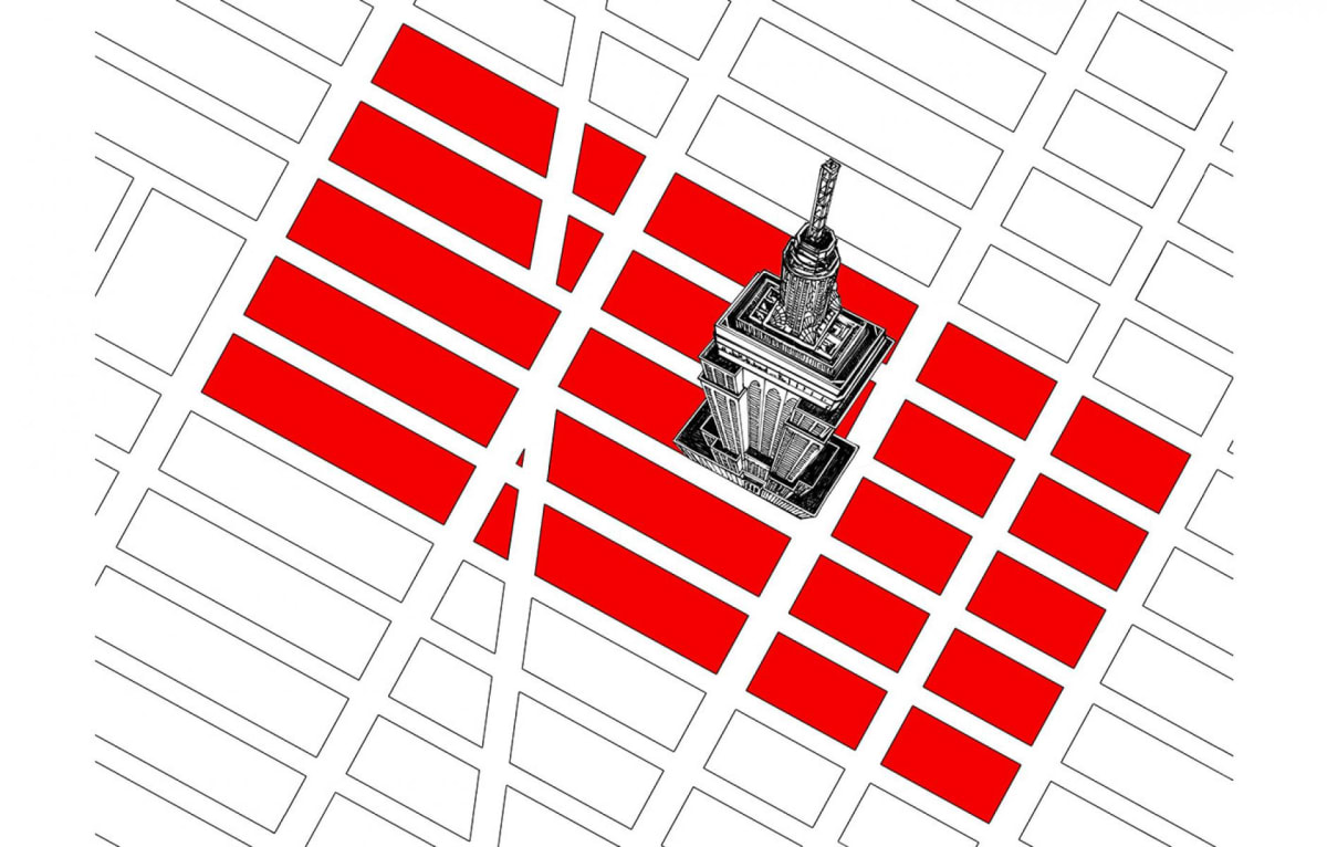 A depiction of how many blocks would need to be demolished for a parking lot around the Empire State Buildings.