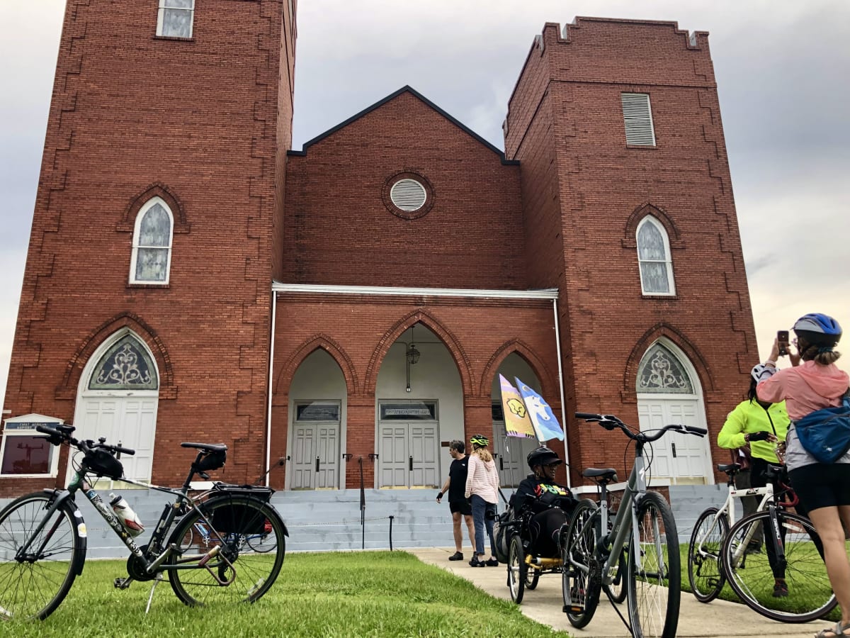 A photo of bicycles in front of First African Baptist church.