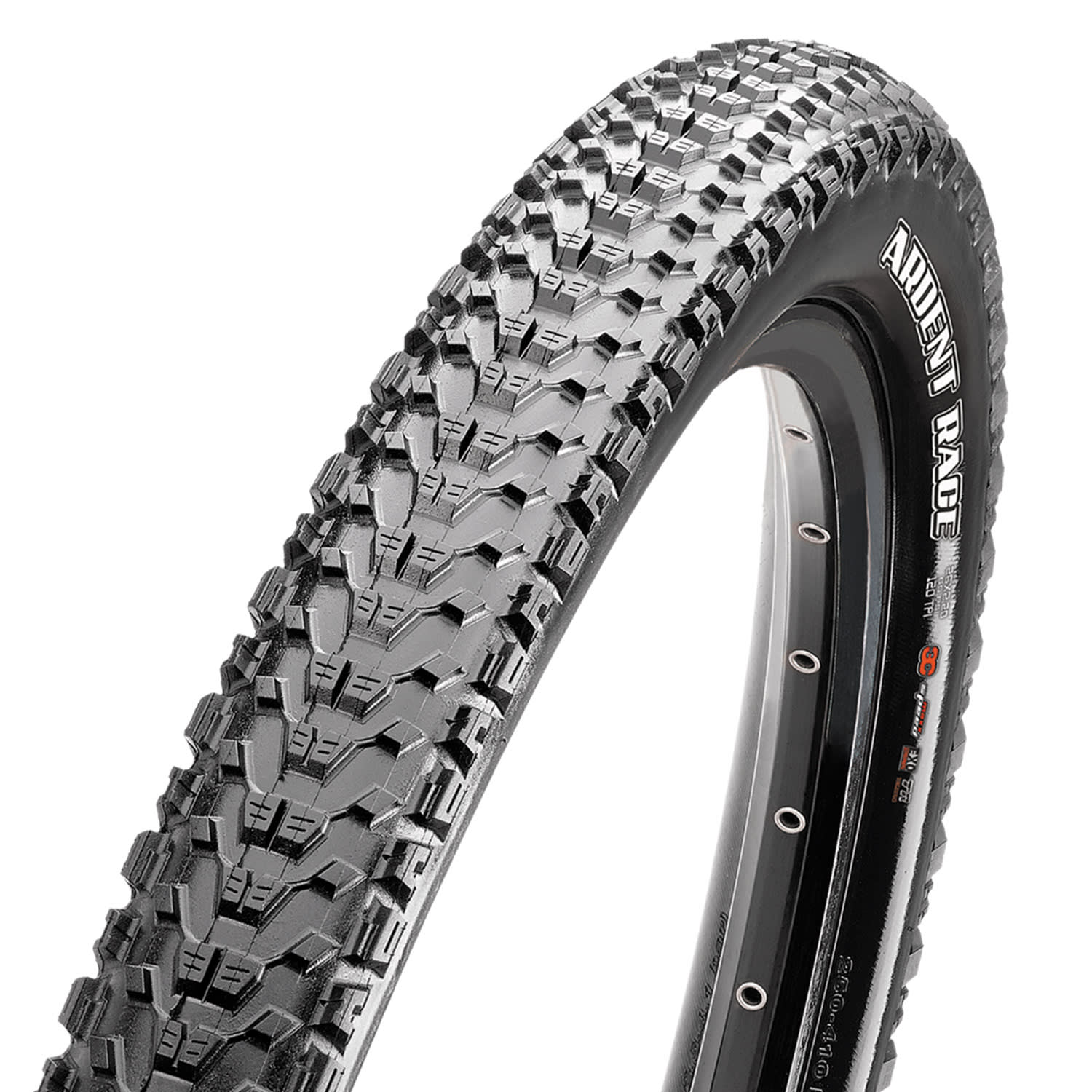 The Maxxis Ardent Race shares many features with the Ikon – small, ramped center tread – but offers improved cornering performance with more substantial side knobs.