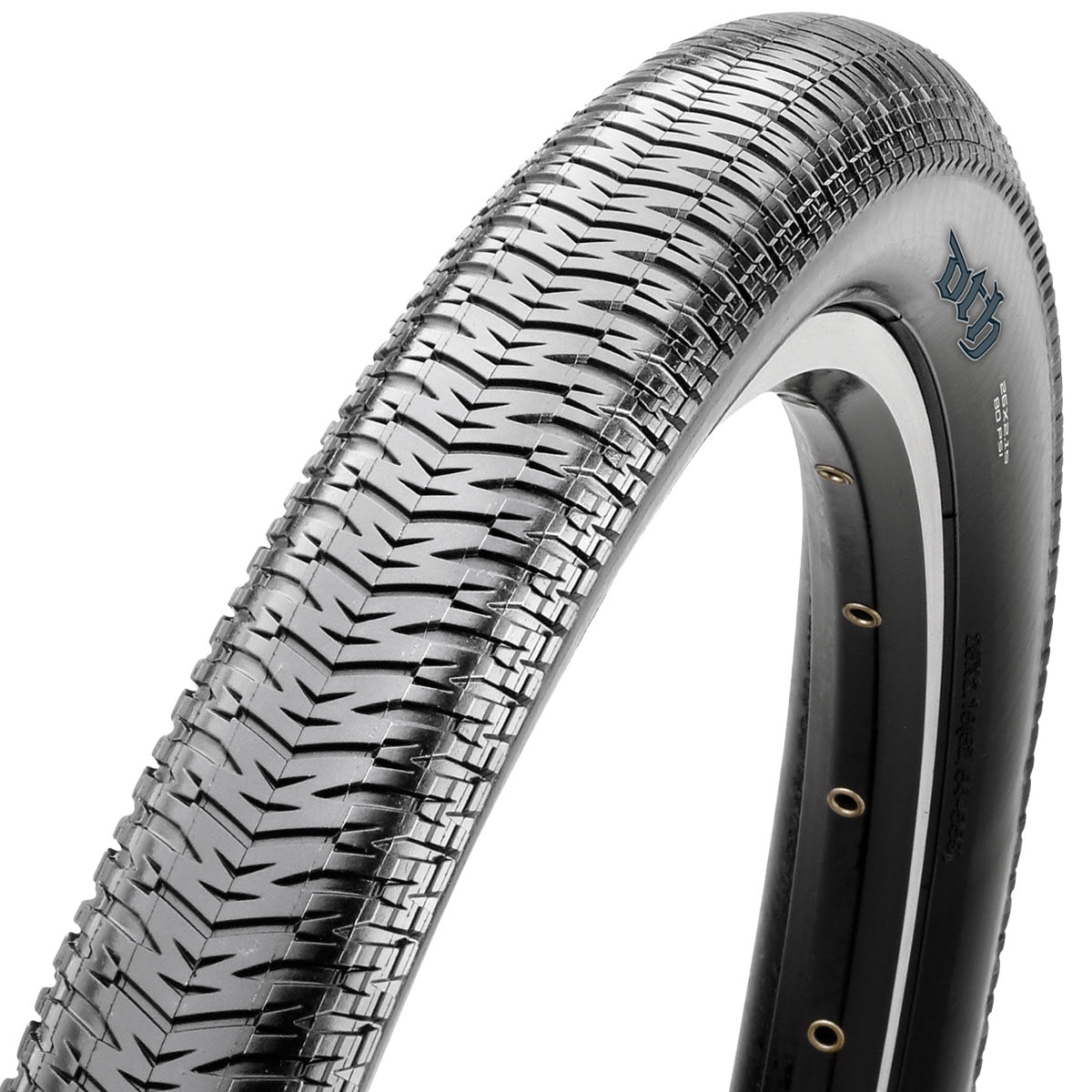 The grooved slick design of the Maxxis DTH (Drop the Hammer) is suited to a variety of BMX, dirt jumping, and pump track situations.