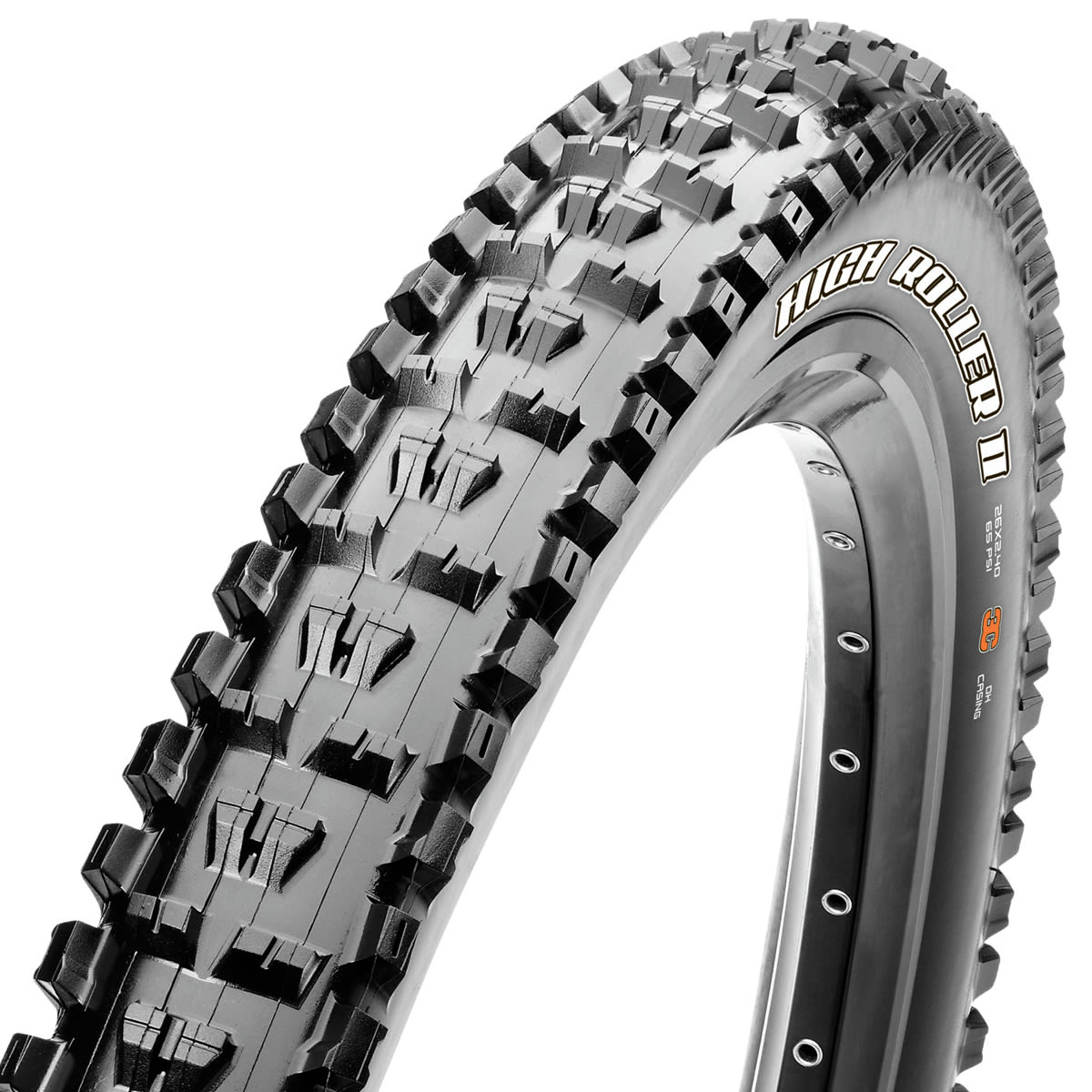 The Maxxis High Roller II uses an open and aggressive tread design intended to find traction in loose conditions. A large channel between the the center knobs and side knobs provides a looser, drifty feel desired by some riders.