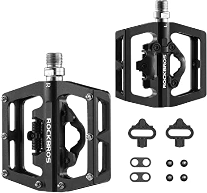 rockbros ROCKBROS MTB Mountain Bike Pedals Bicycle Flat Platform Compatible with SPD Mountain Bike Dual Function Sealed Clipless Aluminum 9/16" Pedals with Cleats for Road, MTB, Mountain Bikes