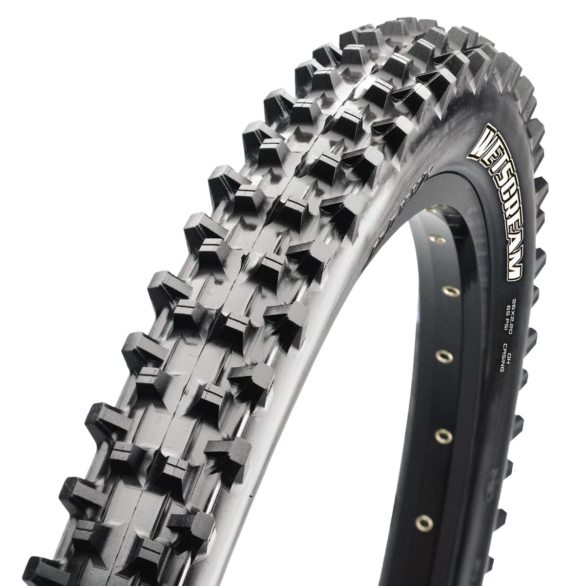 As the name implies, the Maxxis Wetscream is designed for the most heinous muddy downhill race conditions imaginable. The Wetscream is a competition use only tire and it is intended for wet conditions only.