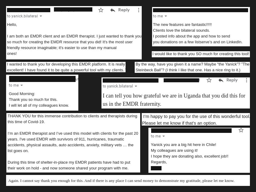 Emails from therapists complimenting bilateralstimulation.io