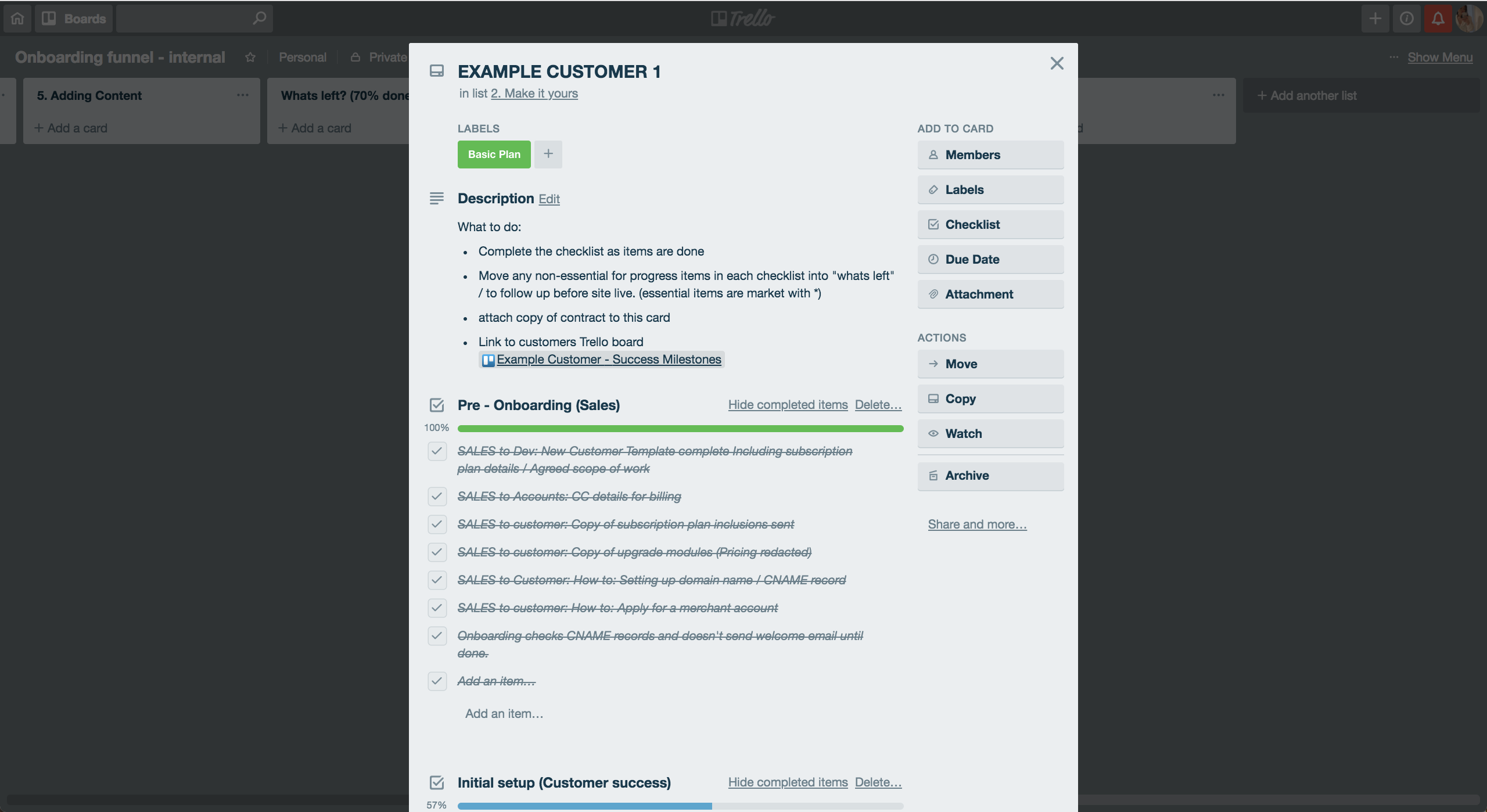 Trello Customer milestone checklist