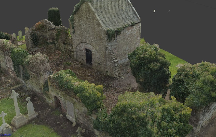 A 3D image of a ruined church captured by photogrammetry A 3D image of a ruined church captured by photogrammetry