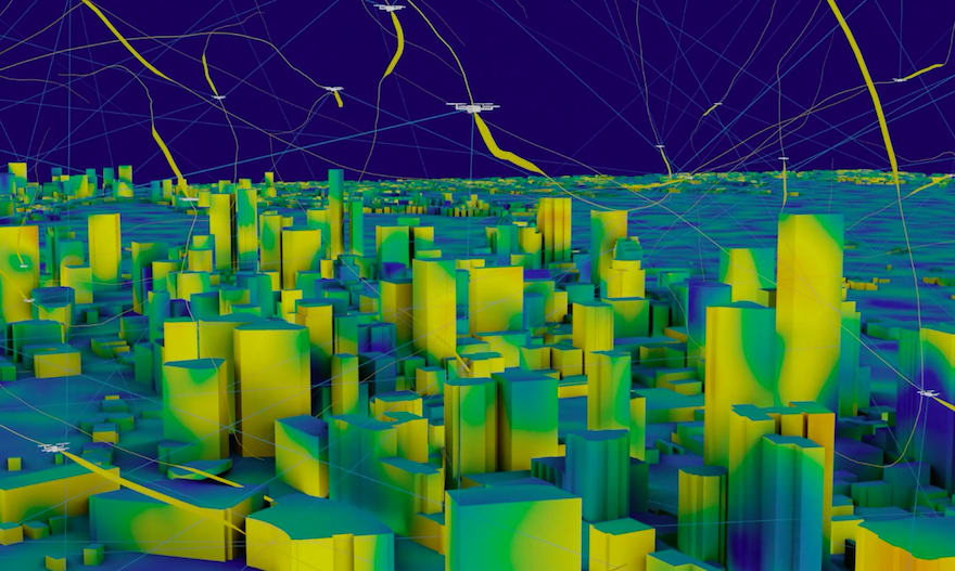 A visualisation of drone flight path management in a city (courtesy of Cityzenith). A visualisation of drone flight path management in a city (courtesy of Cityzenith).