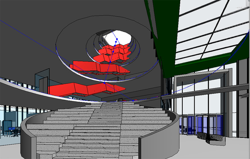 The atrium proved a challenge for structural engineers, requiring lots of tweaking and movements of the location of each slanted cut through the building The atrium proved a challenge for structural engineers, requiring lots of tweaking and movements of the location of each slanted cut through the building